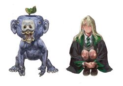  1girl black_robe blonde_hair blue_skin colored_skin commentary discord drooling earrings english_commentary green_eyes green_necktie hair_over_one_eye harry_potter_(series) highres hogwarts_school_uniform hoop_earrings jewelry leaf long_hair malfoid mossacannibalis necktie robe school_uniform squatting tusks white_background wizarding_world wumpus 