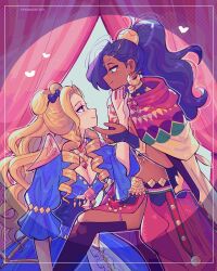  2girls black_hair blonde_hair blue_dress bridal_gauntlets cloak commentary curtains dark-skinned_female dark_skin double_bun dress earrings english_commentary fire_emblem fire_emblem:_fortune's_weave green_eyes hair_bun hair_rings hand_on_another's_chin highres jewelry leda_(fire_emblem) long_hair looking_at_another moocaron multiple_girls olympia_iris ponytail red_skirt short_sleeves skirt smile violet_eyes yuri 