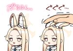  &gt;:) 1girl 1other :3 :d ahoge animal_ear_fluff animal_ears bare_shoulders blonde_hair blue_archive blush chibi forehead fox_ears hair_between_eyes halo hishigata long_hair looking_at_viewer multiple_views open_mouth sailor_collar seia_(blue_archive) simple_background smile translation_request upper_body v-shaped_eyebrows white_background white_sailor_collar 