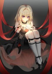  1girl absurdres bang_dream! bang_dream!_it's_mygo!!!!! black_dress blonde_hair clothing_cutout commentary_request doloris_(bang_dream!) dress hair_between_eyes highres kneehighs medium_hair misumi_uika patpang red_ribbon ribbon shoulder_cutout socks solo violet_eyes white_socks 