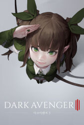  1girl bandaid bandaid_on_finger bandaid_on_hand bow breasts brown_hair character_request closed_mouth collared_dress concept_art copyright_logo copyright_name dark_avengers_3 dongho_kang dress eyelashes from_above gradient_background green_bow green_eyes green_jacket green_shoes grey_background hair_bow highres jacket light_smile lips logo long_hair looking_at_viewer looking_up multiple_hair_bows nose pointy_ears salute shadow shoes simple_background small_breasts solo third-party_source twintails wing_collar 