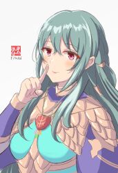 1girl artist_logo blush capelet commentary_request dated dress finger_to_mouth fire_emblem fire_emblem:_fortune's_weave green_dress green_hair half-closed_eyes jewelry logo long_hair looking_at_viewer necklace orchel_(fire_emblem) pink_eyes purple_capelet shushing signature smile solo tetsu_no_samurai watermark white_background yu_phas_(fire_emblem) 