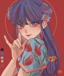  1girl blue_shirt butterfly_hair_ornament chinese_clothes closed_mouth color_guide double_bun floral_print flower from_side hair_bun hair_ornament hand_up high_collar highres kagoya1219 long_hair looking_at_viewer looking_to_the_side purple_hair purple_nails ranma_1/2 red_background red_flower red_tulip shampoo_(ranma_1/2) shirt short_sleeves signature solo tulip upper_body violet_eyes 