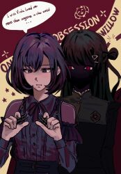  2girls akiha_school_uniform bang_dream! bang_dream!_yumemita black_corset black_dress bob_cut commentary_request corset dress english_text fuji_miyako fuji_miyako_(real) hair_bun hair_ornament hairclip highres long_hair long_sleeves multiple_girls one_side_up purple_hair red_eyes school_uniform short_hair single_side_bun speech_bubble viola_(bang_dream!) violet_eyes x_hair_ornament y1xyyy1x 