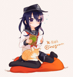  1girl akatsuki_(kancolle) anchor_symbol animal_on_lap black_hat black_sailor_collar black_skirt black_thighhighs blush book cat cat_on_lap closed_eyes closed_mouth commentary_request cushion dated flat_cap grey_background hair_between_eyes hat holding holding_book inogashi kantai_collection long_hair long_sleeves neckerchief on_lap one-hour_drawing_challenge polka_dot polka_dot_background purple_hair red_neckerchief sailor_collar school_uniform serafuku simple_background sitting skirt solo thigh-highs twitter_username violet_eyes 