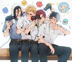 5boys bandaid bandaid_on_arm belt black_hair blonde_hair blue_eyes brown_belt brown_eyes chinese_clothes closed_eyes commentary_request dress_shirt drying drying_another's_hair drying_hair eyepatch hair_dryer heart height_difference heterochromia highres holding holding_hair_dryer korean_commentary long_hair male_focus multicolored_hair multiple_boys nirei_akihiko notice_lines sakura_haruka_(wind_breaker) shirt shirt_tucked_in short_hair simple_background sitting sitting_between_legs split-color_hair sugishita_kyoutarou suit_pants suo_hayato t-shirt taking_picture tangzhuang two-tone_hair umemiya_hajime white_background white_hair wind_breaker_(nii_satoru) yellow_eyes yoon_(dmsco1803) 