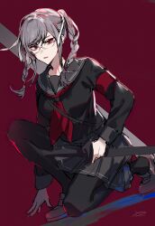  1girl absurdres archived_source armband black_pantyhose black_shirt braid breasts collared_shirt commentary_request danganronpa_(series) danganronpa_2:_goodbye_despair dutch_angle eyelashes full_body glasses grey_hair grey_sailor_collar grey_shoes grey_skirt hair_ribbon highres holding holding_sword holding_weapon long_hair neckerchief on_one_knee open_mouth pantyhose pekoyama_peko red_armband red_background red_eyes red_neckerchief ribbon sailor_collar school_uniform serafuku shirt shoes shuukenyuu signature simple_background skirt solo sword twin_braids twintails weapon white_ribbon 