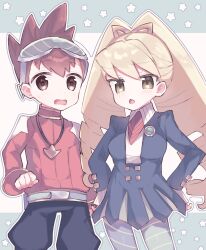  1boy 1girl blonde_hair blue_dress blue_pantyhose blush bow brown_hair commentary_request dress eyewear_on_head geo_stelar_(mega_man) green_eyes hair_bow hands_on_own_hips highres jewelry luna_platz_(mega_man) masiroekaki mega_man_(series) mega_man_star_force_(series) necklace orange_bow pantyhose red_shirt shirt spiky_hair star_(symbol) striped_clothes striped_pantyhose sweatdrop 