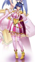  1girl animal_ears armor blue_eyes blue_hair breasts cape cosplay full_body hands_on_own_hips highres hololive horse_ears looking_at_viewer ouro_kronii short_hair shoulder_armor solo t.m._opera_o_(o_sole_suo!)_(umamusume) t.m._opera_o_(umamusume) t.m._opera_o_(umamusume)_(cosplay) umamusume virtual_youtuber 