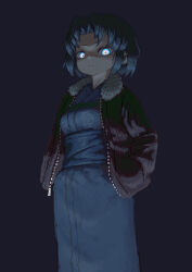  1girl absurdres black_hair blue_eyes bright_pupils commentary dark fur_collar hands_in_pockets highres jacket japanese_clothes kara_no_kyoukai kimono looking_at_viewer nojob_hiro open_clothes open_jacket ryougi_shiki short_hair solo staring white_pupils 