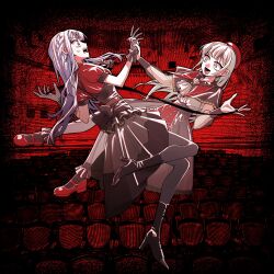  2girls absurdres ascot bang_dream! bang_dream!_it's_mygo!!!!! black_ascot black_boots black_capelet black_gloves black_ribbon blue_hair boots capelet commentary_request commission constricted_pupils full_body gloves hair_ribbon hat high_heel_boots high_heels highres holding_hands interlocked_fingers korean_commentary long_hair looking_at_another mortis_(bang_dream!) mortis_(costume)_(bang_dream!) mortis_(persona)_(bang_dream!) multiple_girls neonfloyd oblivionis_(bang_dream!) open_mouth profile red_background red_hat red_shirt red_shoes red_shorts ribbon shirt shoes shorts sidelocks smile standing surprised sweatdrop togawa_sakiko two_side_up wakaba_mutsumi wide-eyed yellow_eyes 