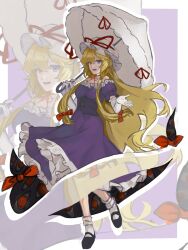  1girl agaboidesudesu black_shoes blonde_hair border bow commentary_request dress elbow_gloves frilled_dress frills gap_(touhou) gloves hair_between_eyes hair_bow hands_up hat hat_ribbon highres holding holding_umbrella long_hair looking_at_viewer mary_janes mob_cap open_mouth outline outside_border parasol puffy_short_sleeves puffy_sleeves purple_dress red_bow red_ribbon ribbon shoes short_sleeves smile socks solo touhou umbrella very_long_hair violet_eyes white_border white_gloves white_outline white_socks white_umbrella yakumo_yukari zoom_layer 
