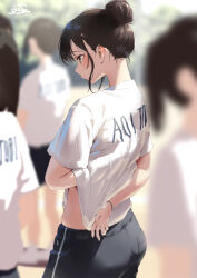 4girls black_hair blurry blurry_background blurry_foreground brown_eyes clothes_writing commentary_request gym_uniform hand_under_clothes jonsun multiple_girls original outdoors shiori_(jonsun) shirt short_hair sidelocks signature solo_focus t-shirt white_shirt 