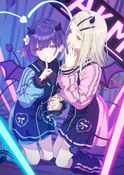  2girls absurdres blonde_hair blue_dress bow center-flap_bangs collar demon_horns demon_tail demon_wings dress dress_bow finger_to_own_chin flower frilled_collar frills grin hair_flower hair_ornament hairclip hand_to_own_mouth heart highres holding_hands horns idolmaster interlocked_fingers kirizuki_reika kneeling light_smile looking_at_viewer multiple_girls multiple_hairclips neon_lights parted_lips pink_dress purple_hair red_eyes shinosawa_hiro smile tail teeth violet_eyes wings 