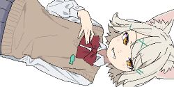  1boy animal_ears arm_behind_back bow bowtie brown_sweater_vest cat_boy cat_ears commentary_request cowboy_shot crossdressing crossdressing_(mtf) fish_ornament grey_skirt grin hair_ornament hairclip hand_on_own_chest iroha_mustang long_sleeves looking_at_viewer lowres male_focus multiple_hairclips nishi_shunran official_alternate_costume official_alternate_hairstyle pleated_skirt red_bow red_bowtie school_uniform sharp_teeth shirt short_hair sideways simple_background skirt smile solo standing sweater_vest swept_bangs teeth trap white_background white_hair white_shirt x_hair_ornament yani_neko yellow_eyes 
