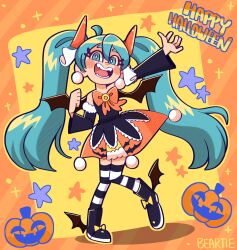  1girl absurdres aqua_hair bat_wings beartiexiansheng blush_stickers bow bowtie clenched_hand commentary complementary_colors detached_sleeves earrings english_commentary english_text fake_fangs fake_horns footwear_bow halloween halloween_miku_(suou) hatsune_miku highres horns jack-o'-lantern jewelry long_eyelashes open_mouth orange_bow orange_bowtie outstretched_arm pigeon-toed pom_pom_(clothes) pom_pom_earrings smile solo star_(symbol) striped_background striped_clothes striped_thighhighs thigh-highs twintails vocaloid wings 