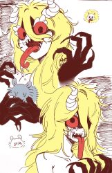  2girls blonde_hair body_switch chibikemo chiikawa claws commentary_request crying crying_with_eyes_open dekatsuyo_(chiikawa) extra_arms furry highres horns humanization korean_commentary long_hair long_tongue looking_at_viewer momonga_(chiikawa) monster_girl multiple_girls multiple_views personality_switch salted_slug12 sharp_teeth tears teeth tongue tongue_out upper_body white_background 