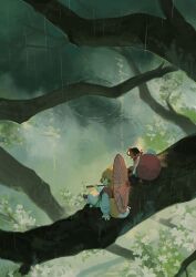  1boy 1girl animal_ears branch chinese_clothes chinese_text cover cover_page english_text fake_cover fake_magazine_cover flower fox_ears fox_girl green_eyes highres hua_lun_(the_legend_of_luoxiaohei) looking_at_viewer magazine_cover mixed-language_text nature official_art oil-paper_umbrella orange_hair outdoors rain ripples river ruoshui_(the_legend_of_luo_xiaohei) simplified_chinese_text smile the_legend_of_luo_xiaohei tree umbrella white_flower yuban_delanbai 