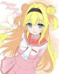  1girl arms_behind_back black_hairband blonde_hair blue_eyes blush bow bowtie chitose_sana commentary cowboy_shot double_bun dutch_angle eyelashes eyes_visible_through_hair floating_hair hair_between_eyes hair_bun hair_intakes hairband happy happy_birthday highres long_hair long_sleeves looking_at_viewer miniskirt parted_lips pink_serafuku pink_shirt pink_skirt pleated_skirt red_sailor_collar sailor_collar sakaki_asuka school_uniform serafuku shirt sidelocks simple_background skirt smile solo tenshinranman two_side_up very_long_hair white_background white_bow white_bowtie 