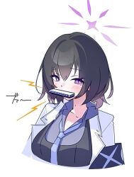  1girl armband black_hair blue_archive commentary cropped_torso gradient_hair halo harmonica instrument jacket looking_at_viewer loose_necktie mole mole_on_neck mouth_hold multicolored_hair necktie open_collar purple_armband purple_hair purple_halo purple_necktie purple_shirt racoon5 shirt simple_background solo subaru_(blue_archive) violet_eyes white_background white_jacket 