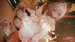  1girl absurdres alternate_costume arknights artist_name bare_shoulders black_gloves book bow breasts choker clipboard closed_eyes commentary dark-skinned_female dark_skin extra_arms eyelashes feather_hair_ornament feathers frilled_nightgown gloves grey_hair hair_between_eyes hair_ornament highres kneeling looking_at_viewer medium_hair nightgown nose pasta_(sanyan) photo_(object) pink_bow pink_choker pink_frills raidian_(arknights) signature sitting small_breasts smile solo yokozuwari 