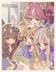  4girls almond_eye_(umamusume) animal_ears blue_eyes book bookshelf border bow bow-shaped_hair bowtie brown_hair chrono_genesis_(umamusume) commentary_request curren_bouquetd'or_(umamusume) ear_covers ear_ornament epiphaneia_(umamusume) grey_hair hair_ornament hairband holding holding_book honkawa_works horse_ears horse_girl library long_hair long_sleeves lucky_lilac_(umamusume) multiple_girls purple_shirt reading school_uniform shirt star_(symbol) star_hair_ornament symbol-shaped_pupils tracen_school_uniform umamusume violet_eyes white_border white_bow white_bowtie white_hairband winter_uniform x-shaped_pupils 