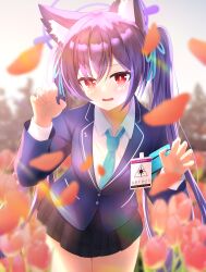  1girl absurdres animal_ear_fluff animal_ears black_hair blue_archive blue_necktie cat_ears cat_girl commentary extra_ears flower hair_between_eyes hair_ornament hair_ribbon halo highres long_hair lucky_73g necktie open_mouth red_eyes red_halo ribbon serika_(blue_archive) shirt solo tulip twintails very_long_hair 