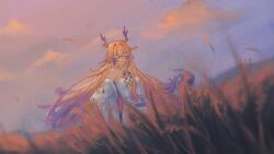  1girl arknights bare_shoulders beads blonde_hair chinese_commentary closed_eyes closed_mouth colored_extremities commentary_request day dragon_girl dragon_horns hair_intakes highres horns jacket jewelry long_hair multicolored_hair necklace off_shoulder outdoors partial_commentary purple_hair shu_(arknights) smile solo strapless tube_top two-tone_hair very_long_hair white_jacket white_tube_top wind yumi_(user_cwxa7835) 