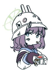  1girl black_gloves blue_archive blue_eyes blue_sailor_collar cigarette cigarette_pack cropped_torso gloves halo headgear helmet holding long_sleeves mouth_hold puffy_long_sleeves puffy_sleeves purple_hair sailor_collar saki_(blue_archive) school_uniform serafuku sh17 shirt simple_background solo upper_body white_background white_helmet white_shirt 