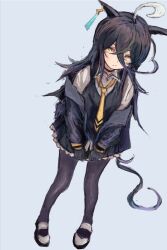  1girl ahoge animal_ears black_choker black_gloves black_hair black_jacket black_pantyhose black_skirt black_vest choker collared_shirt ear_tag earrings gloves hair_between_eyes horse_ears horse_girl horse_tail jacket jewelry long_bangs long_hair long_hair_between_eyes long_sleeves looking_at_viewer manhattan_cafe_(umamusume) multicolored_hair necktie open_clothes open_jacket pantyhose shirt shoes simple_background single_earring skirt solo tail umamusume vest white_hair white_shirt yanagi_wakana yellow_eyes yellow_necktie 