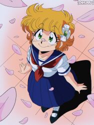  1980s_(style) 1girl absurdres artist_logo artist_name black_shoes blonde_hair blue_sailor_collar blue_skirt breasts charupopu cherry_blossoms closed_mouth collarbone commentary daitokuji_biko day english_commentary falling_petals faux_retro_artstyle flower from_above full_body green_eyes hair_flower hair_ornament highres logo looking_up mary_janes neckerchief outdoors petals pink_petals pleated_skirt project_a-ko red_neckerchief retro_artstyle sailor_collar school_uniform serafuku shirt shoes short_hair short_sleeves sidelocks skirt small_breasts smile solo split_mouth standing tile_floor tiles white_shirt 