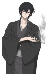  1boy absurdres black_hair black_kimono closed_mouth collarbone commentary_request copyright_request grey_kimono highres holding holding_smoking_pipe japanese_clothes kaga0514 kimono kiseru long_sleeves male_focus obi open_clothes open_kimono red_eyes sash simple_background smile smoke smoking_pipe solo white_background wide_sleeves 