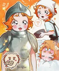  1boy animal_ears apron armor black_eyes chibikemo chiikawa commentary_request dyooo fangs furry headscarf highres humanization komainu_boy korean_commentary korean_text male_focus orange_background orange_hair shisa_(chiikawa) short_hair translation_request 