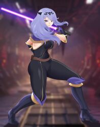 adult boots camilla_(fire_emblem) drawing fanart fire_emblem fire_emblem:_three_houses illustration intelligent_systems jumpsuit leotard lightsaber looking_at_another mature_female nintendo purple_hair reference space team_ninja
