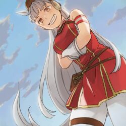  1girl animal_ears arms_under_breasts blue_sky blunt_bangs blush breasts brown_eyes chanosuke clouds day dress from_above gloves gold_ship_(red_strife)_(umamusume) gold_ship_(umamusume) grey_hair grin hat horse_ears horse_girl horse_tail long_hair looking_at_viewer medium_breasts outdoors pantyhose pillbox_hat red_dress sky sleeveless sleeveless_dress smile solo tail thigh_strap umamusume very_long_hair white_gloves white_pantyhose 