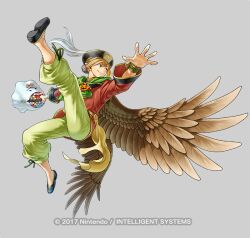  1boy black_shoes blonde_hair commentary_request feathered_wings fire_emblem fire_emblem:_path_of_radiance fire_emblem_heroes full_body green_pants grey_background halloween_bucket holding holding_halloween_bucket janaff_(treat_or_talon)_(fire_emblem) kita_senri long_sleeves looking_to_the_side official_alternate_costume official_art pants shoes short_hair simple_background smirk solo wings 