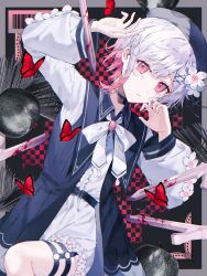  1girl absurdres belt black_belt black_choker black_coat choker coat commentary_request flower flower-trimmed_shorts flower-trimmed_sleeves gradient_hair hair_flower hair_ornament highres mahou_shoujo_no_majo_saiban multicolored_hair neck_ribbon parted_lips pill_(mrdv4444) pink_eyes pink_hair ribbon sakuraba_ema shirt short_hair shorts solo thigh_strap white_hair white_ribbon white_shirt white_shorts x_hair_ornament 