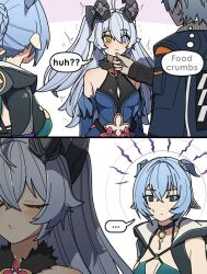 1boy dorahdew goat_horns horns lindverne_sunbringer long_hair lucia_elowen multiple_girls short_hair wise_(zenless_zone_zero) zenless_zone_zero