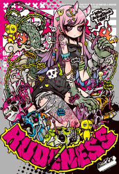  1girl absurdly_detailed_composition arrow_hair_ornament arrow_symbol_hair_ornament check_commentary commentary_request dao decora doll_hair_ornament dragon dragon_girl emoji_hair_ornament english_text engrish_text fire frutiger_metro glaring gyaru highres holding holding_weapon katana knife lock monster original padlock petite project.c.k. punk ranguage rokku_gyaru skull superflat sword tail tattoo weapon western_dragon 