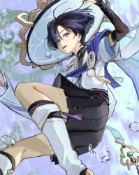  1boy aqua_gem armor belt black_belt black_bodysuit black_bridal_gauntlets black_hair black_shorts blue_cape blue_kimono blue_sleeves blunt_ends bodysuit bridal_gauntlets cape eyeliner feathers from_below furisode gem genshin_impact gold hakama hakama_shorts hand_up hat highres itogens japanese_armor japanese_clothes jingasa juban kimono kote kurokote layered_sleeves leg_warmers looking_at_viewer makeup male_focus mandarin_collar open_clothes open_kimono open_mouth outdoors pleated_shorts pom_pom_(clothes) purple_rope purple_sash red_eyeliner rope sash scaramouche_(genshin_impact) short_sleeves shorts side_cape solo tassel teeth tsurime upper_teeth_only violet_eyes wanderer_(genshin_impact) water water_drop waterfall white_hat white_kimono white_leg_warmers white_sleeves yellow_feathers 