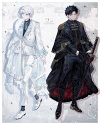  2boys absurdres alternate_costume anniversary ben-day_dots black_boots black_cape black_fur black_gloves black_hair black_pants black_shirt black_socks blue_eyes blue_garter_belt blue_garter_straps blue_gem boots border cape collar_chain_(jewelry) collared_shirt commentary_request confetti dress_shoes english_text enten_(sword) epaulettes expressionless frilled_sleeves frills full_body fur-trimmed_cape fur_trim garter_belt garter_straps gem gloves gold_trim heart6_6station highres holding holding_sword holding_weapon inset_border kagurabachi katana knee_boots lace-up_boots light_smile looking_at_another looking_at_viewer male_focus multiple_boys ornate_border oxfords pants prince red_eyes rokuhira_chihiro sash sazanami_hakuri scar scar_on_cheek scar_on_face scar_on_forehead scar_on_nose screentones shirt shoes short_hair side_cape socks sparkle suit sword very_short_hair weapon white_background white_border white_cape white_fur white_hair white_pants white_shoes white_suit wing_collar 