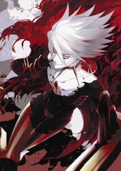  1boy blue_eyes chest_jewel collar earrings eyeshadow eyeshadow_under_eye fate/grand_order fate_(series) feet_out_of_frame hair_between_eyes highres jewelry jun_canopus karna_(fate) looking_at_viewer makeup male_focus pale_skin red_eyeshadow short_hair smile solo spiked_collar spikes white_hair 