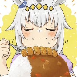  1girl animal_ears blush chanosuke closed_eyes curry curry_rice eating facing_viewer food food_on_face grey_hair hair_between_eyes holding holding_spoon horse_ears horse_girl katsu_(food) katsu_curry oguri_cap_(umamusume) rice rice_on_face school_uniform short_sleeves solo spoon tracen_school_uniform umamusume upper_body 