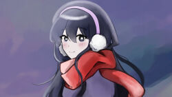 1girl black_eyes black_hair blush bright_pupils closed_mouth commentary_request double-parted_bangs earmuffs hair_between_eyes hakugen0720 highres long_hair looking_at_viewer mari_(faraway)_(omori) mari_(omori) omori parody_request red_scarf scarf smile solo white_pupils 