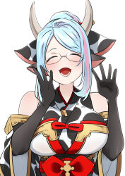  1girl animal_ears animal_print bare_shoulders black_dress black_gloves blue_hair blush breasts butcha-u catura's_mother_(granblue_fantasy) closed_eyes closed_mouth commentary_request cow_ears cow_girl cow_horns cow_print dress elbow_gloves glasses gloves granblue_fantasy happy highres horns japanese_clothes kimono large_breasts long_bangs long_earlobes lower_teeth_only mature_female multicolored_hair open_mouth pink_hair pointy_ears red_ribbon ribbon simple_background smile solo teeth tongue two-tone_dress two-tone_hair white_background white_dress white_horns yukata 