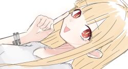  1girl blonde_hair bracelet brown_eyes cho_kaguya-hime! index_finger_raised jewelry kaguya_(cho_kaguya-hime!) long_hair looking_at_viewer open_mouth shirt sidelocks simple_background solo tt_(mmk_lr) white_background white_shirt 