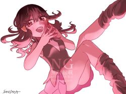  1girl :d black_hair black_leg_warmers black_shirt commentary_request full_body hair_ornament hairclip highres hikari_(pokemon) leg_warmers long_hair looking_at_viewer open_mouth pink_eyes pink_skirt pokemon pokemon_diamond/pearl/platinum sandora_(karugamo_no_e) shirt simple_background skirt smile solo white_background 