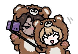  1boy 1girl ^_^ animal_costume bear_costume brown_hair catherine_(project_moon) chibi closed_eyes closed_mouth commentary english_commentary heathcliff_(project_moon) highres limbus_company ohzv open_mouth project_moon selfie_stick simple_background smile v-shaped_eyebrows violet_eyes white_background 