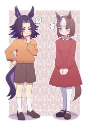  ! ... 2girls aged_down animal_ears black_hair blunt_bangs blush bow brown_hair brown_shoes brown_shorts closed_mouth commentary_request dress ear_bow fenomeno_(umamusume) flipped_hair gold_ship_(umamusume) highres horse_ears horse_girl horse_tail long_hair long_sleeves multicolored_hair multiple_girls orange_sweater pantyhose purple_hair red_dress shirt shoes short_hair shorts socks spoken_ellipsis spoken_exclamation_mark sweater tail umamusume violet_eyes w3n6e white_pantyhose white_socks 