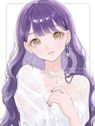  1girl absurdres blush closed_mouth commentary_request crescent crescent_earrings dress earrings highres jewelry long_hair looking_at_viewer nail_polish necklace nozawa_(nooo1709) original purple_hair purple_nails star_(symbol) star_earrings very_long_hair watermark white_dress yellow_eyes 